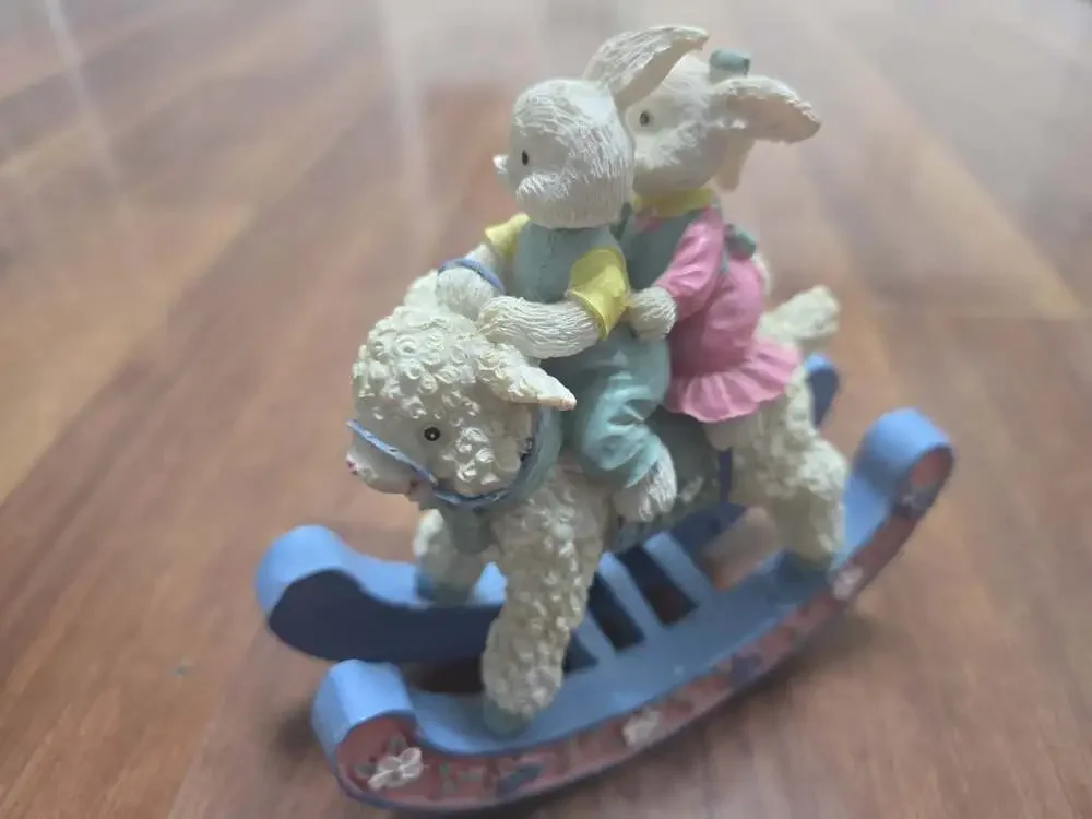 Vintage Resin Easter Bunny Rabbit Figurines Riding On Blue Rocking Lamb READ